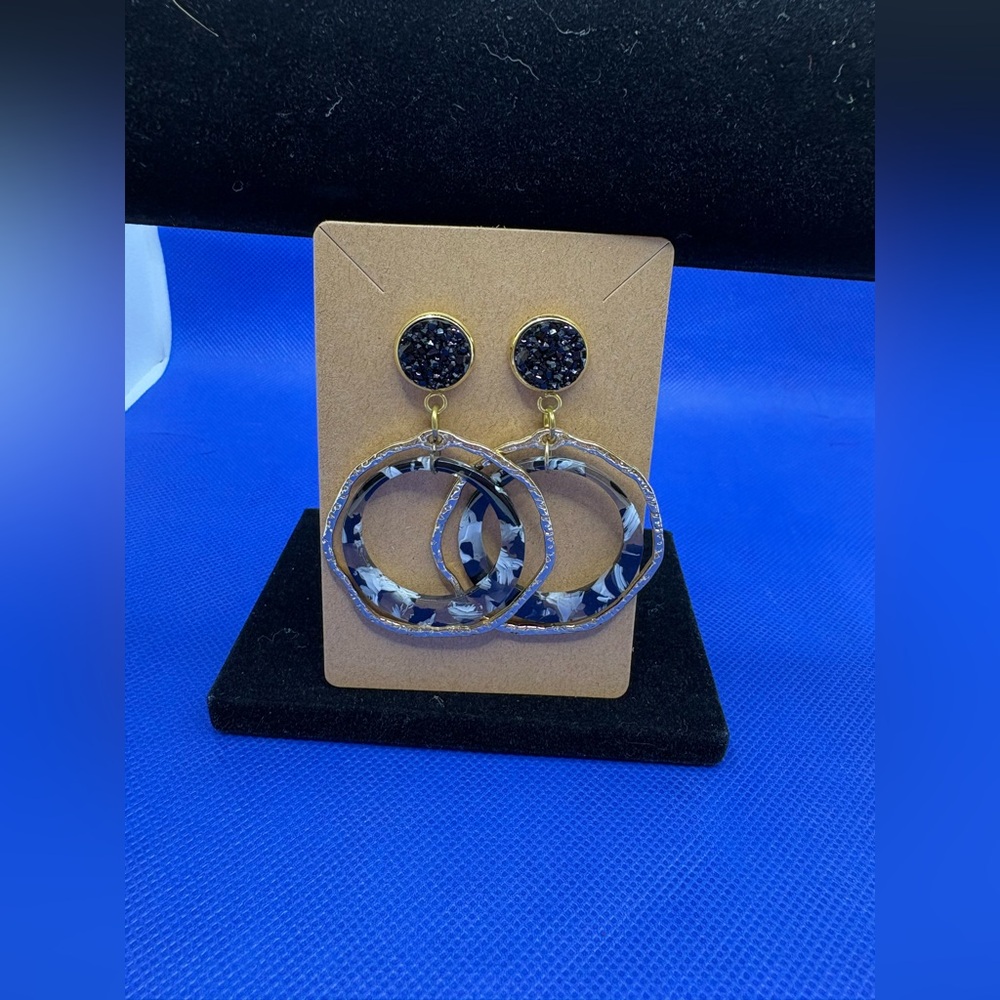 Black Druzy Resin Hoop Drop Earrings Gold Tone Statement Dangle